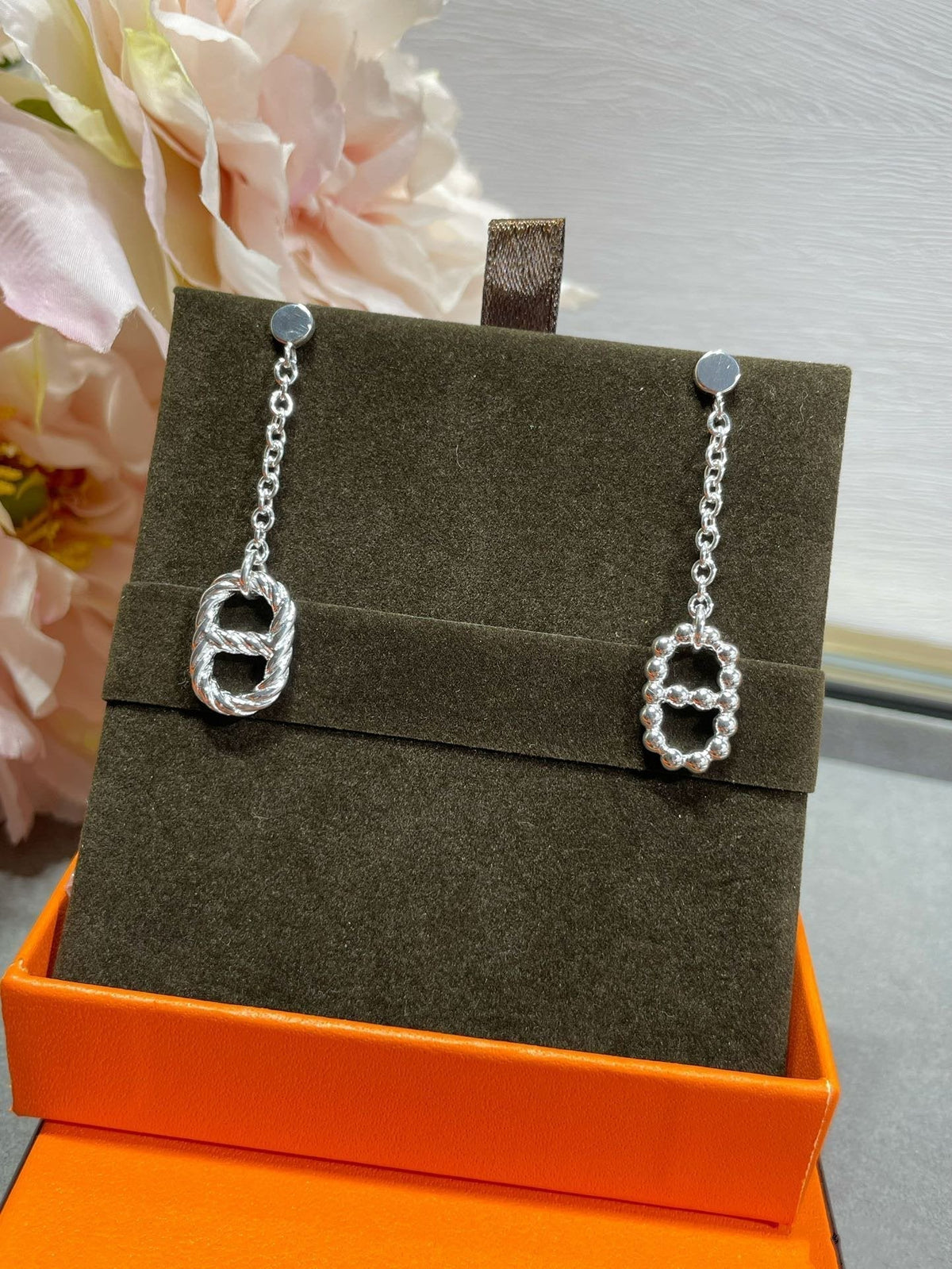 Hermes H Plain Silver Ab Pig Nose Earrings