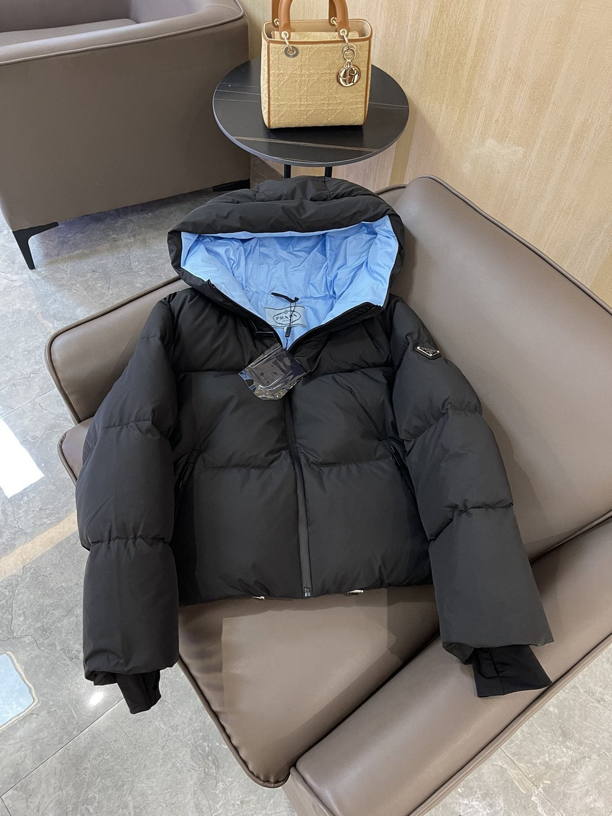 Prada Hooded Short Down Jacket — detail