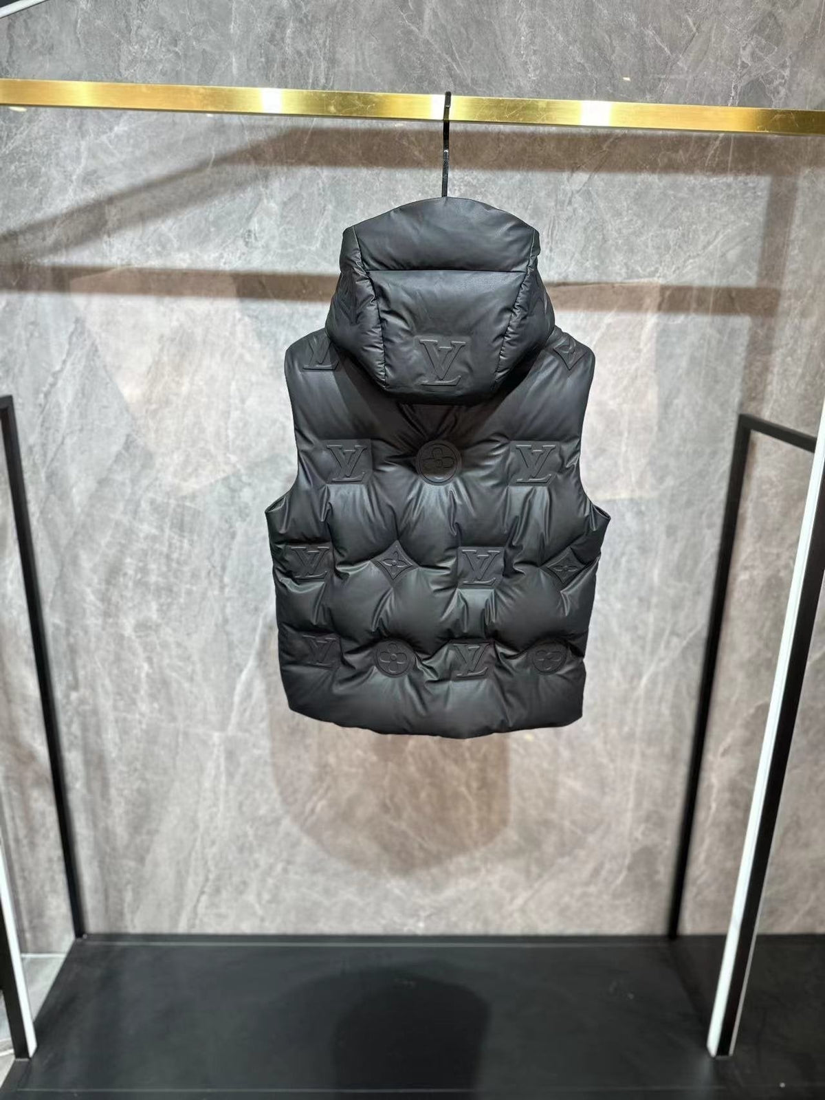 LV Tonal Monogram Hooded Quilted Vest — back