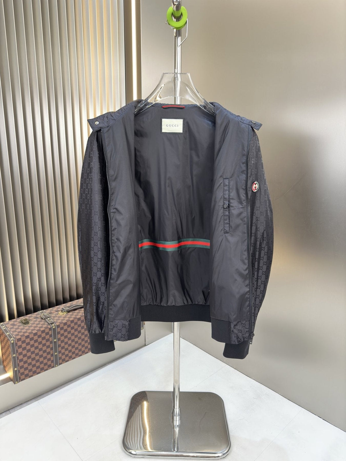 Gucci Tonal Monogram Zip-Front Bomber Jacket — detail