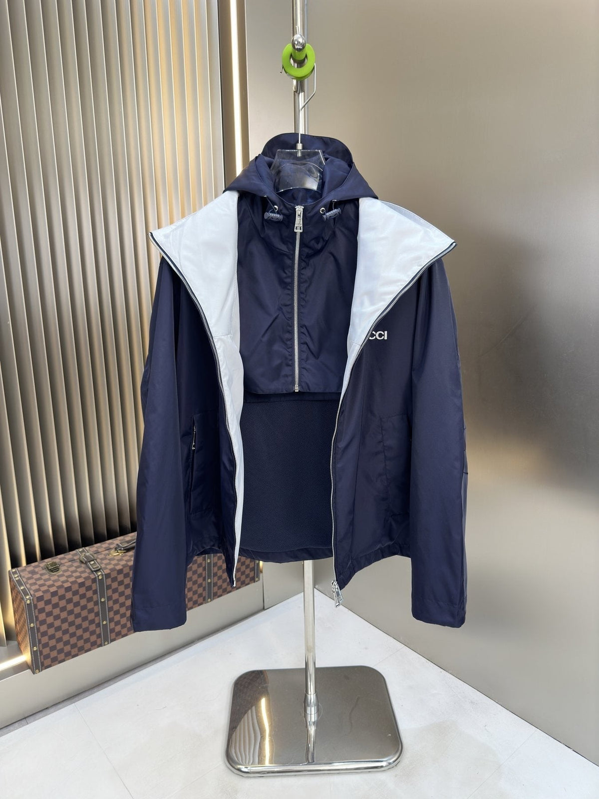 Gucci Navy Hooded Zip-Front Jacket — front