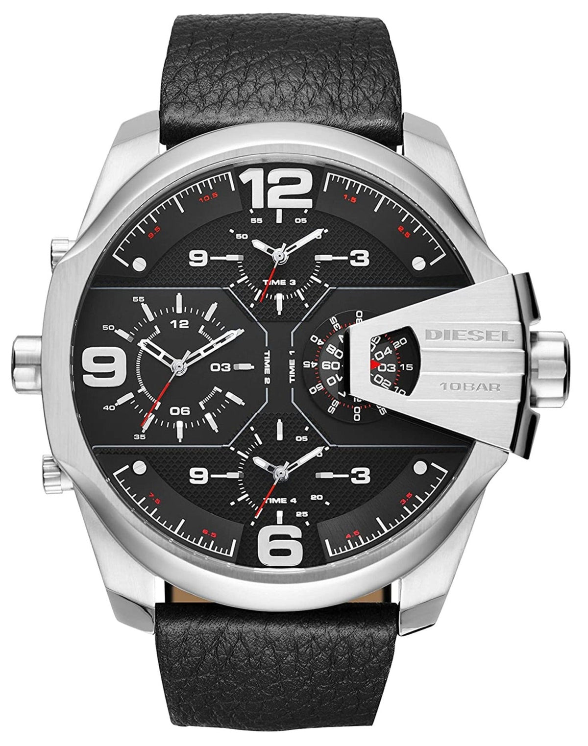 Diesel DZ7376 Uber Chief Oversized 4 - Time Men's Watch - Black Dial & Black Leather Strap