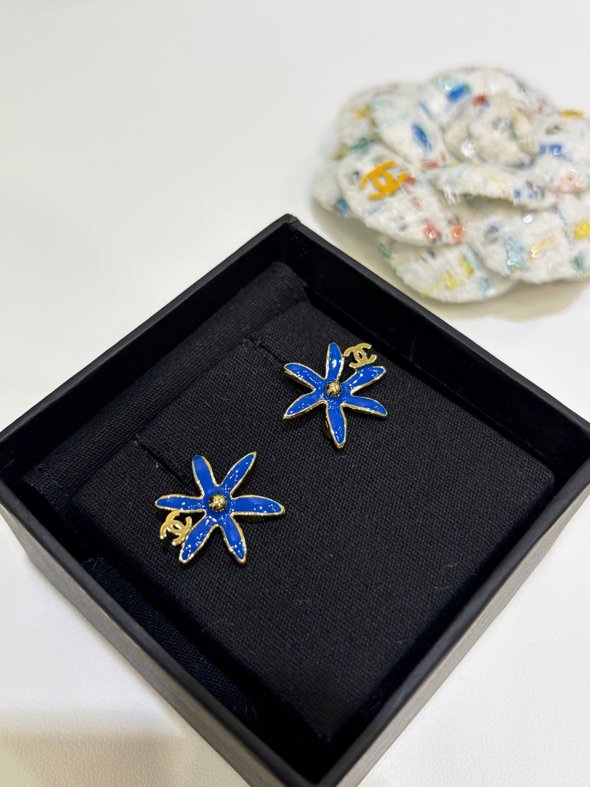 Chanel 2026 Gold Double C Blue and Yellow Enamel Flower Stud Earrings