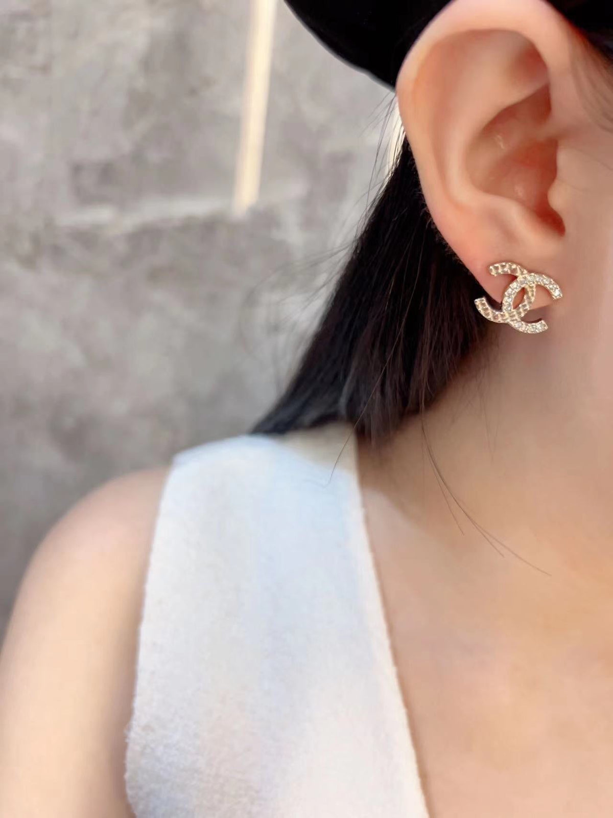 Chanel Double C Half Diamonds Gold Earrings
